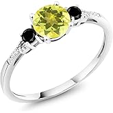 Gem Stone King 10K White Gold Canary Mystic Topaz Black Diamond and White Diamond Accent 3-Stone Engagement Ring For Women (1.17 Cttw, Round 6MM, Gemstone November Birthstone)