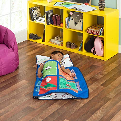 Everyday Kids Toddler Nap Mat with Removable Pillow -Varsity Sports- Carry Handle with Fastening Straps Closure, Rollup Design, Soft Microfiber for Preschool, Daycare, Sleeping Bag - Ages 2-4 Years