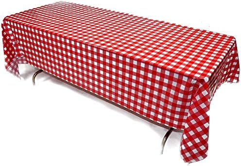 Prestidge 4 Pack Red and White Checkered Tablecloths Durable Plastic Covers for Rectangular Tables Complete with Beverage Napkins