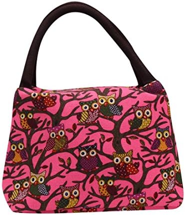 Reusable Fashion Lunch Bag Lunch Box for Women Girls Cute Owl Print Zipper Lunch Tote Bag Light Picnic Lunch Container (Hot Pink)