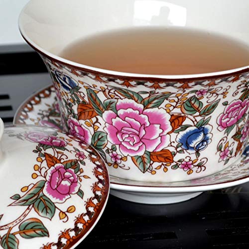 Yxhupot Gaiwan Chinese 6.8oz 10oz Sancai Painted Peony Tureen Tray Cup Bowl Saucer Lid (6.8oz/200ml) - Thumbnail 5