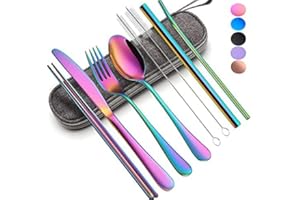 BUMACO Travel Utensils with Case, Portable Travel Utensils Cutlery Set Stainless Steel Flatware Set for Camping 8pcs Including Dinner Knife Fork Spoon Chopsticks Boba Straw (Rainbow)