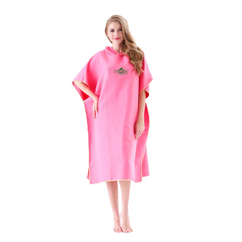 Keyohome Microfiber Surf Beach Towel Poncho for Adults,Bath Robe Poncho with Hood for Beach, Swimming, Surfing, Bathing, Watersports, Indoor & Outdoor Activities, Quick Dry & Light Weight (Pink)
