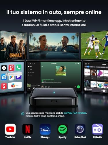 Adattatore CarPlay Android Auto Wireless, AI Box CarPlay per Cavo CP/AA, Doppio WLAN e Bluetooth IoT Hub, BLE (Nero)