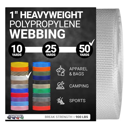 Strapworks Heavyweight Polypropylene Webbing - Heavy Duty Poly Strapping for Outdoor DIY Gear Repair, 1 Inch x 50 Yards - White