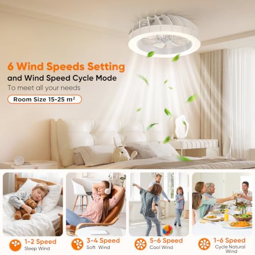 GLOFAN 46 cm Ceiling Fan with Silent Light, 3000K-6500K & 1800K Adjustable Backlight Ceiling Fan Lamp with Remote, 6 Speeds and Timer, Ceiling Fan for Bedroom, Living Room