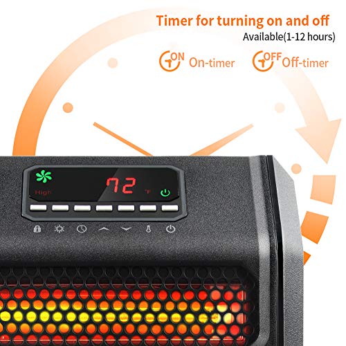 LIFE SMART Quartz Electric Space Heater with Adjustable Thermostat, Large LED Display, Digital Remote Control, 12 Hour Timer, 13.6 x 11.4 x 14.2 inch, Black