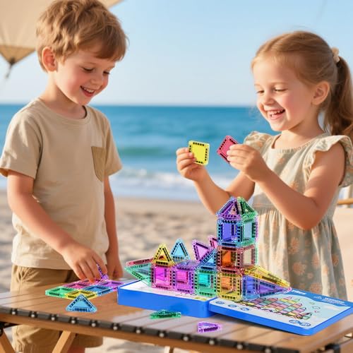 Magnetic Building Blocks Travel Toy, 60-Piece Magnetic Tiles Travel Set with Iron Box, Creativity Mini Magnetic Tiles Sensory Toy Birthday Gift for Children 3 4 5 6 Years