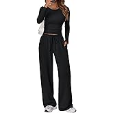Trendy Queen Women's 2 Piece Matching Lounge Set Long Sleeve Side Ruching Top Wide Leg Drawstring Pants Set with Pockets