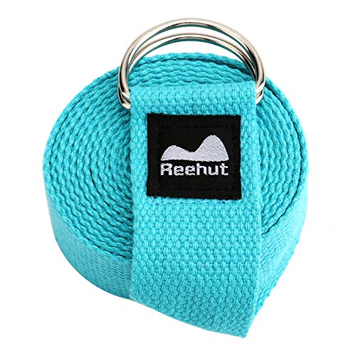REEHUT Yoga Strap 6ft with Ebook – Durable Polyester Cotton Exercise Straps w/Adjustable D-Ring Buckle for Stretching, General Fitness, Flexibility and Physical Therapy Sky Blue
