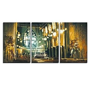 3 Piece Canvas Wall Art - Beautiful Painting Showing Interior View of a Church and Dramatic Light - Modern Home Art Stretched and Framed Ready to Hang - 16"x24"x3 Panels