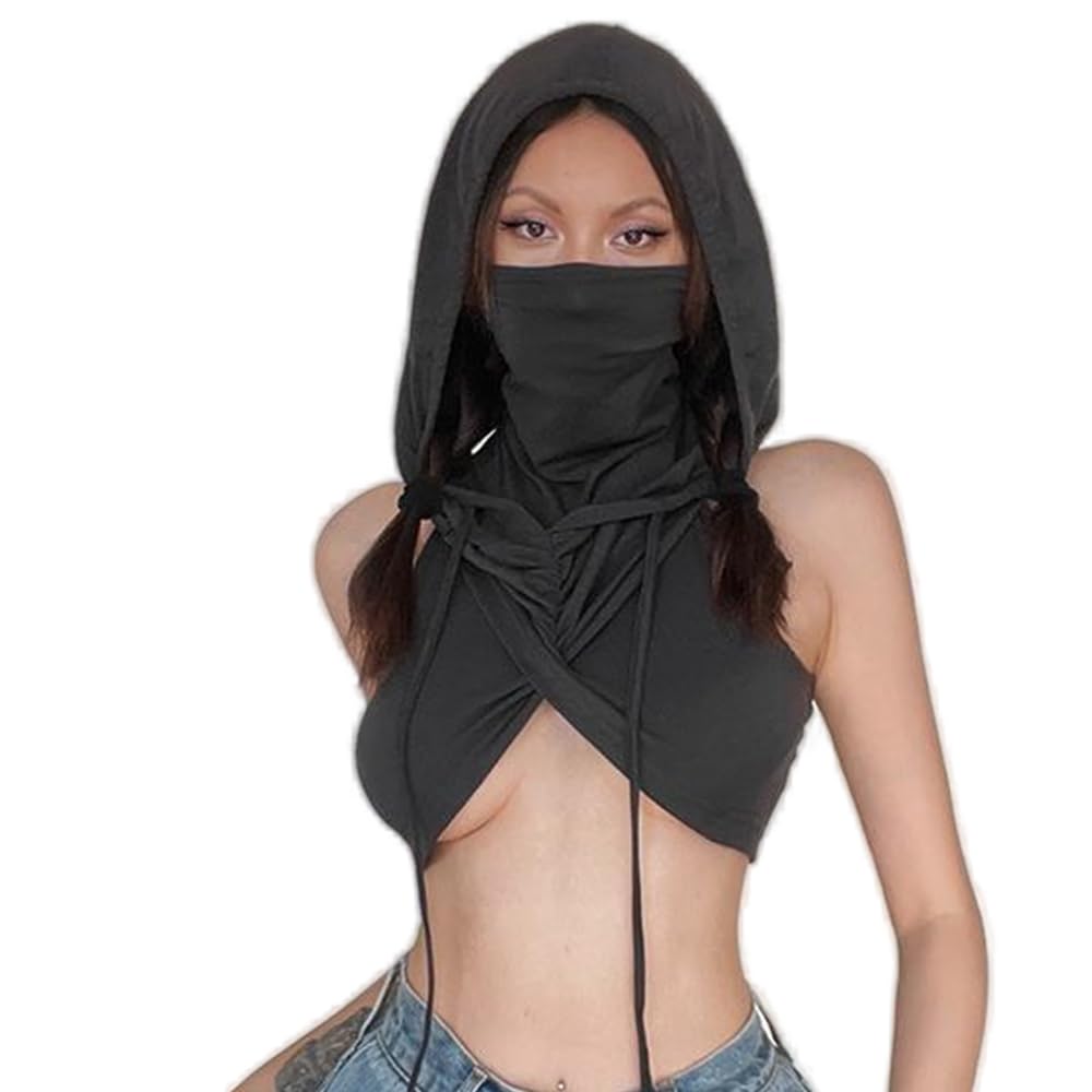 Photo 1 of JasmyGirls Rave Outfits for Women Festival Top Goth Sleeveless Hoodie Sexy Hooded Tank Top Punk Clothes Y2K Underboob Cowl Hood