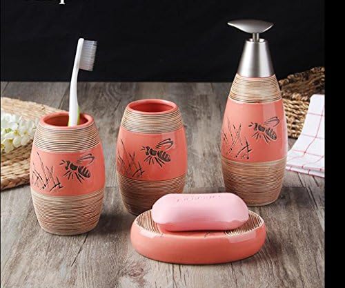 Leop Handmaded Honey Bee Decorative 4 Pieces Bathroom Accessory Set Sanitary Ware Soap Dish Toothbrush Holder Liquid Soap Dispenser Tumbler, Ceramic,Orange