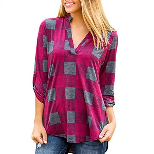 Clearance Deals V-neck Blouse,ZYooh Fashion Women Spring 3/4 Sleeve Plaid Check Shirt Loose Blouse Top (red, M)