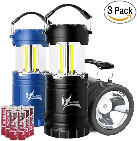 Collapsible LED Camping Lantern Combo with Flash Light, Ultra Bright 300 Lumens COB Lighting Source Great for Hurricanes, Emergency, Hiking, Portable Battery Powered Camping Lights (Grey+Blue+Black)