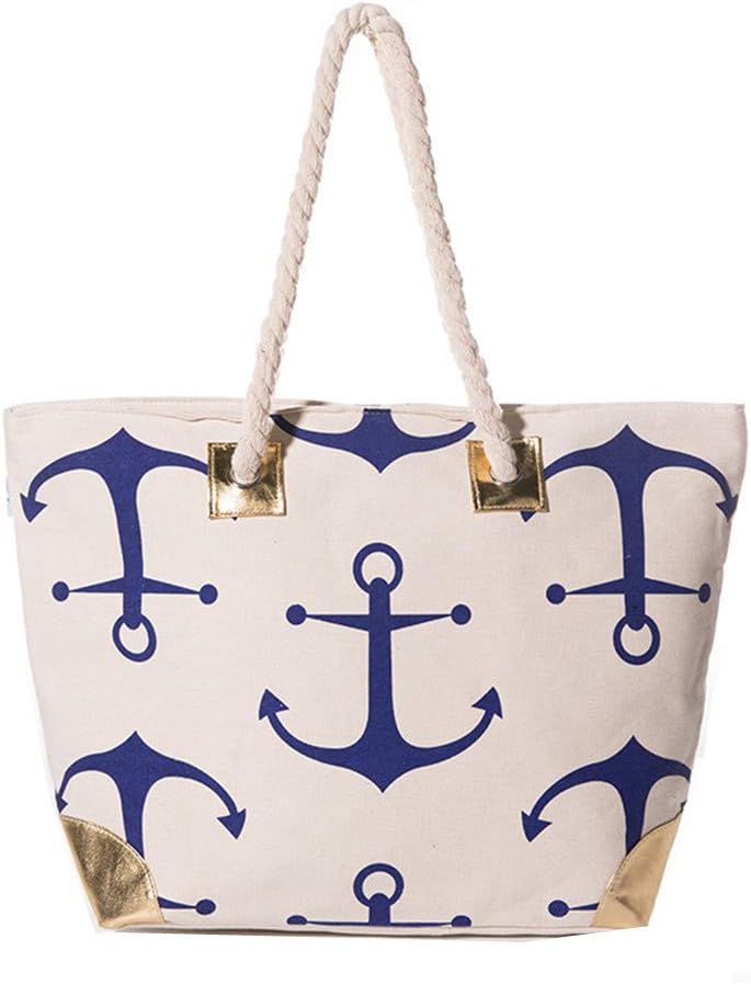 Fashlanlika Women Large Canvas Anchor Tote Bag Cotton Rope Handle Beach Bag With Metallic Gold Accents (Anchor)