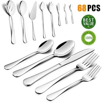 Silverware Set, HaWare 68-Piece Stainless Steel Flatware Set, Includes 60-piece Cutlery Set, 8-Piece Serving Set, Service for 12, Dishwasher Safe