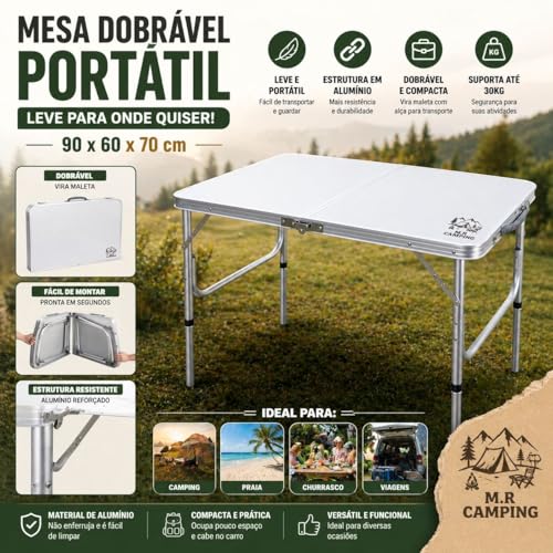 Mesa Maleta Camping Dobrável 90x60cm Ajuste Altura Livre Estável Portátil Alumínio M.R Camping