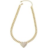 Caiyao Chunky Cuban Link CZ Heart Pendant Statement Necklace for Women Silver Heart Choker Gold Heart Necklace Flat Figaro Chain Rhinestone Heart Necklace Christmas Birthday Jewelry Gift