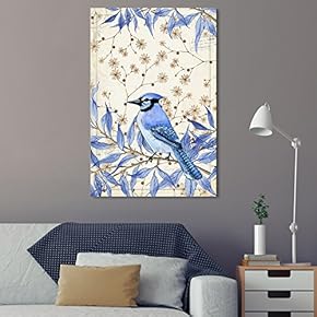 Vintage Style Blue Bird Blue Leaves on Floral Background
