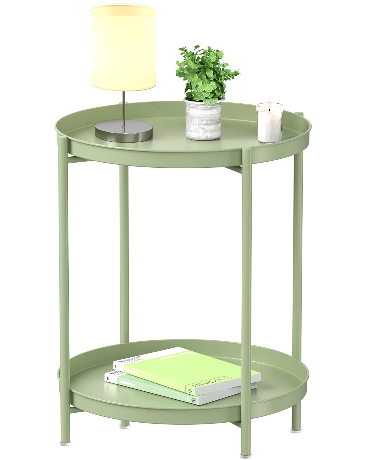 EKNITEY 2 Tier End Table - Metal Side Table Waterproof Small Sofa Side Tables Bedroom Indoor Outdoor with Removable Tray for Living Room Bedroom Balcony and Office (Green)