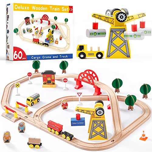 Crane Train Set55Pcs Wooden Tracks & Exclusive Crane & TrainsFits