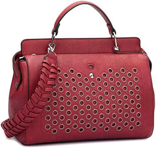 Dasein Faux Leather Satchel Handbag with Fashion Designer Holes and Weave Shoulder Strap for Women