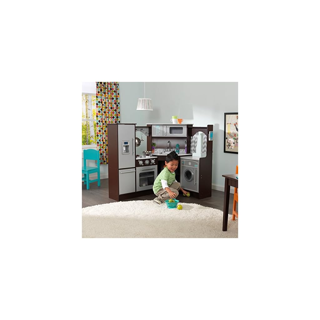 KidKraft Ultimate Corner Wooden Play Kitchen with Lights & Sounds, Play Phone and Curtains 