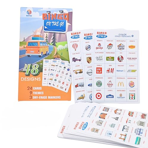 GRANDLMOON Car Bingo and Road Trip Scavenger Hunt Game Cards Windowed Design, 48 Patterns in 9 Themes, Travel Activity