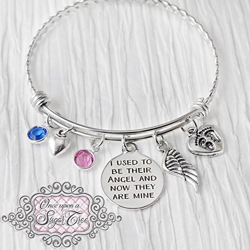 HandmadeInfant Loss Memorial Bangle Bracelet Jewelry, Mommy to an Angel Bracelet, Expandable Charm Bracelet, Angel Wing Jewelry, Footprint Charm, Remembrance Birthstones, Miscarriage Twins
