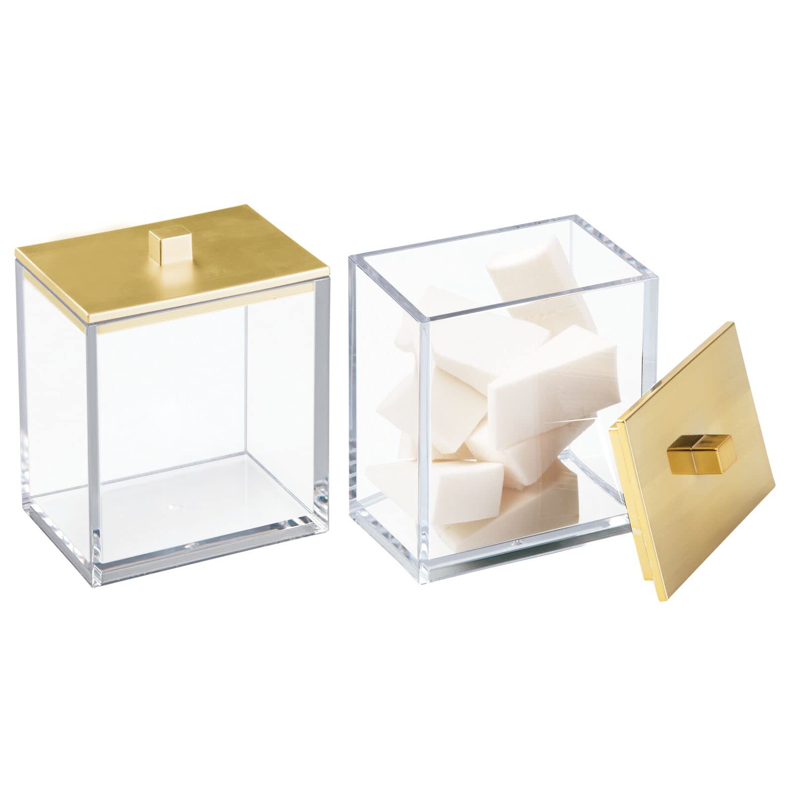 mDesign Cotton Pad Holder - Set of 2 - Plastic Cotton Bud Holder for Bathrooms and Bedrooms - Modern Bathroom Jar with Lid for Cosmetics and Beauty Products - Clear/Gold