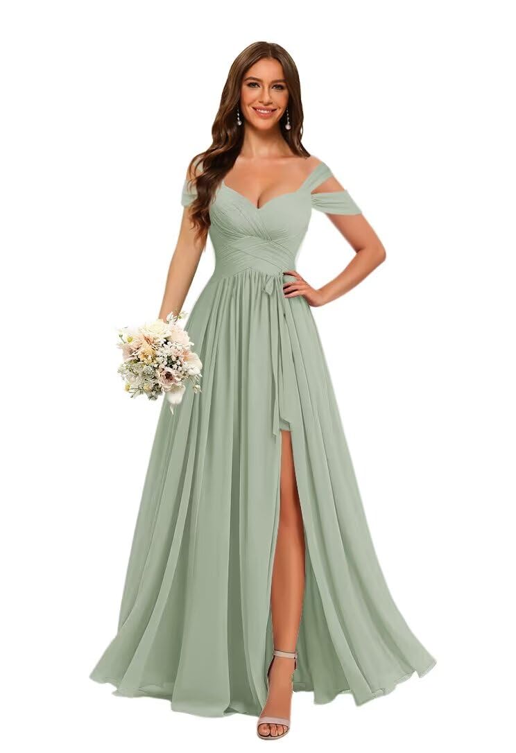 Photo 1 of YYXRyyH Sage Green Chiffon A Line Bridesmaid Dresses with Belt Long 2026 for Women Off Shoulder Pleated Formal Party Dress with Slit Ball Gown US8