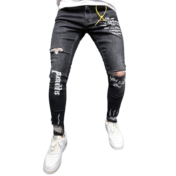 Amazon Com Mens Hole Jeans Donci Tight Elastic Fashion Streetwear
