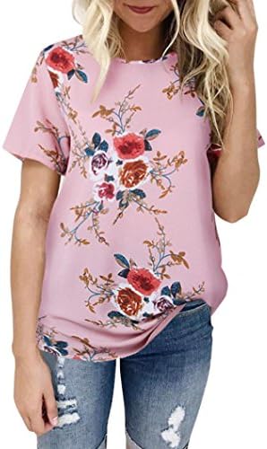 Blouses for Women On Sale,Leedford Women Fashion Summer Short Sleeve Floral Printing T-Shirt Casual Chiffon Blouse Tops (M, Pink)