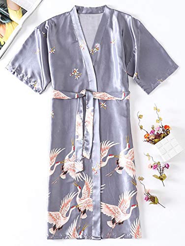 ETAOLINE Womens Satin Kimono Robe Printed Bathrobes Bridal Dressing Gown - Thumbnail 3