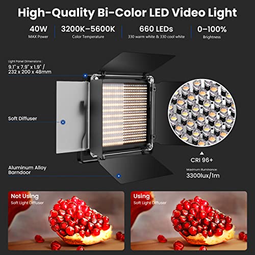 NEEWER 2 Pack BiColor 660 LED Video Luz y Soporte Kit: 3200-5600K CRI 96+ Dimmable Con U Bracket y Barndoor, (2) 75 Inches Soporte Para Fotografía de Estudio, Grabación de Vídeo (Negro)