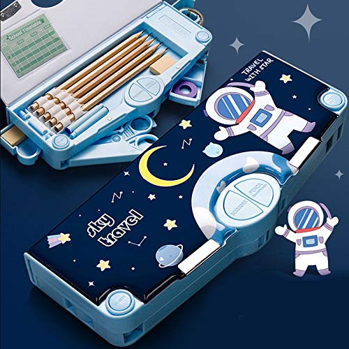 Minache Multifunction Pencil Case, Pencil Box with 2 Compartments for Students - Cartoon Pattern Stationery Set with Pop Out Scissors and Pencil Sharpener