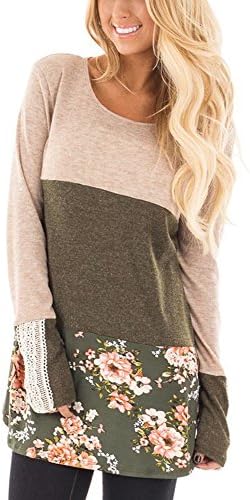 TraMulbery Womens Back Lace Color Block T-shirt Plaid Hem Casual Long Sleeve Blouses and Tops(Oatmeal,X-Large)