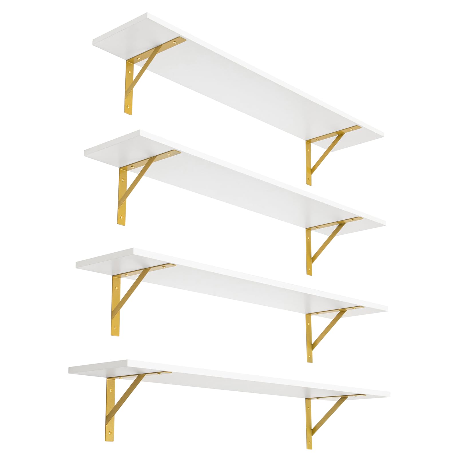 DINZI LVJ Long Wall Shelves, Set of 4, 39.4Inch Wall Mounted Shelves, Floating Shelves for Wall Storage with Metal Brackets, for Living Room, Bathroom, Bedroom, Kitchen, White and Gold