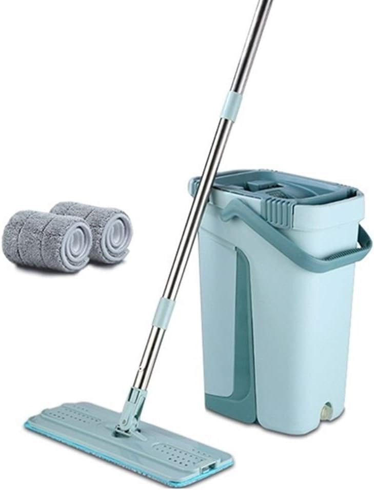 Magic Flat Mop And Bucket ，Hand Free 360 Degree Head Self Cleaning ，Great For Wet And Dry Cleaning Safe On All Surfaces Cleaning,4pcs Mop Cloth, 2pcs Mop Cloth (Color : Blue)