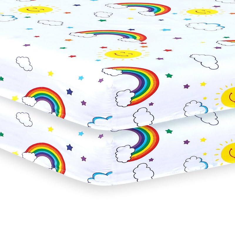 2 x Cot Bed Fitted Sheets, 60 x 120 cm Easy Care Fine Quality Breathable Polycotton Cot Sheet (Baby Rainbow-60 x 120cm)