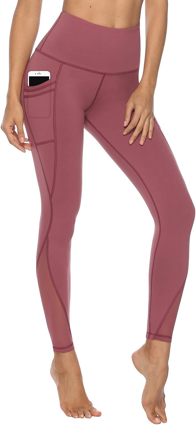 Women’s High Waist Mesh Yoga Leggings with Side Pockets, Tummy Control Workout Squat-Proof Yoga Pants
