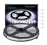 GuoTonG White LED Strip Lights, Waterproof cuttable 300 SMD 2835 LED Tape, 6000K 12V 16.4ft/5m Flexible Ribbon, Kitchen Cabinet Lighting, Outdoor/Indoor