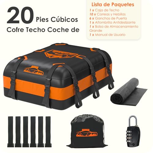 Rymopuey Roof Box 20Cubes/566L, Roof Box for Car 700D Orange, Roof Box with Non-Slip Pads and 10 Fastening Straps, Pto for Cars with/without Luggage Rack