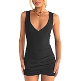 Nsbonu Women's Sexy Ruched Bodycon Mini Dresses Sleeveless V Neck Club Party Short Dress