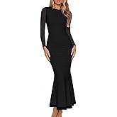 BORIFLORS Women's Sexy Ruched Bodycon Long Formal Dresses Mesh Long Sleeve Cocktail Party Maxi Dress