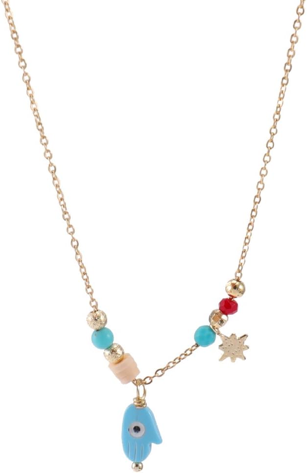 Women's Blue Evil Eye Hand of Fatima Pendant with Stones Necklace