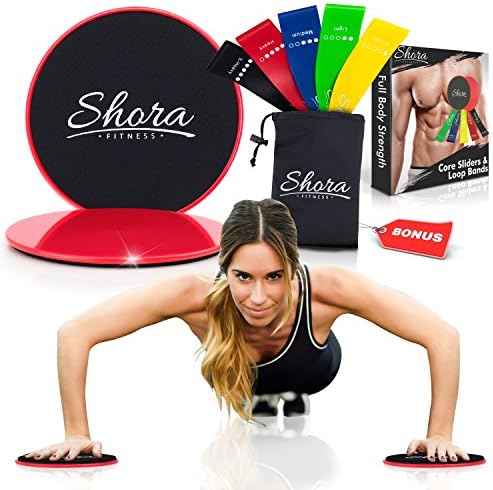 Shora Multi-Functional Sports and Fitness Training Set: 2 Portable Core Sliders Gliding Discs and 5 Resistance Loop Exercise Bands plus Carry Bag (Red)