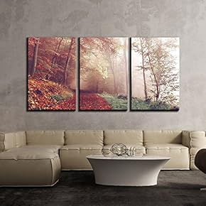 3 Piece Canvas Wall Art - Fall Landscape of Path Covered by Leaves Lead to Misty Forest - Modern Home Art Stretched and Framed Ready to Hang - 16"x24"x3 Panels