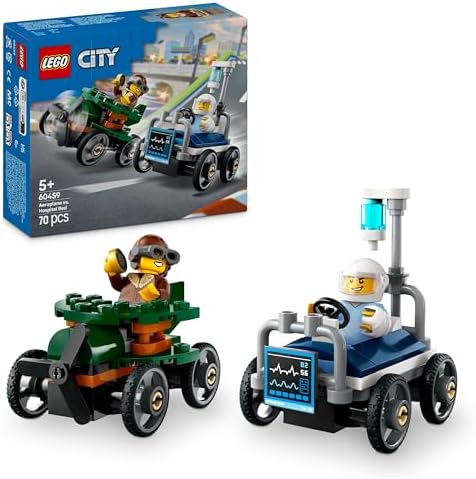 City Pack de Coches de Carreras: Avión vs. Cama de Hospital de Juguete, Autos Locos de Carreras con 2 Minifiguras de Piloto y Paciente, Regalo para Niños y Niñas de 5 Años o Más 60459